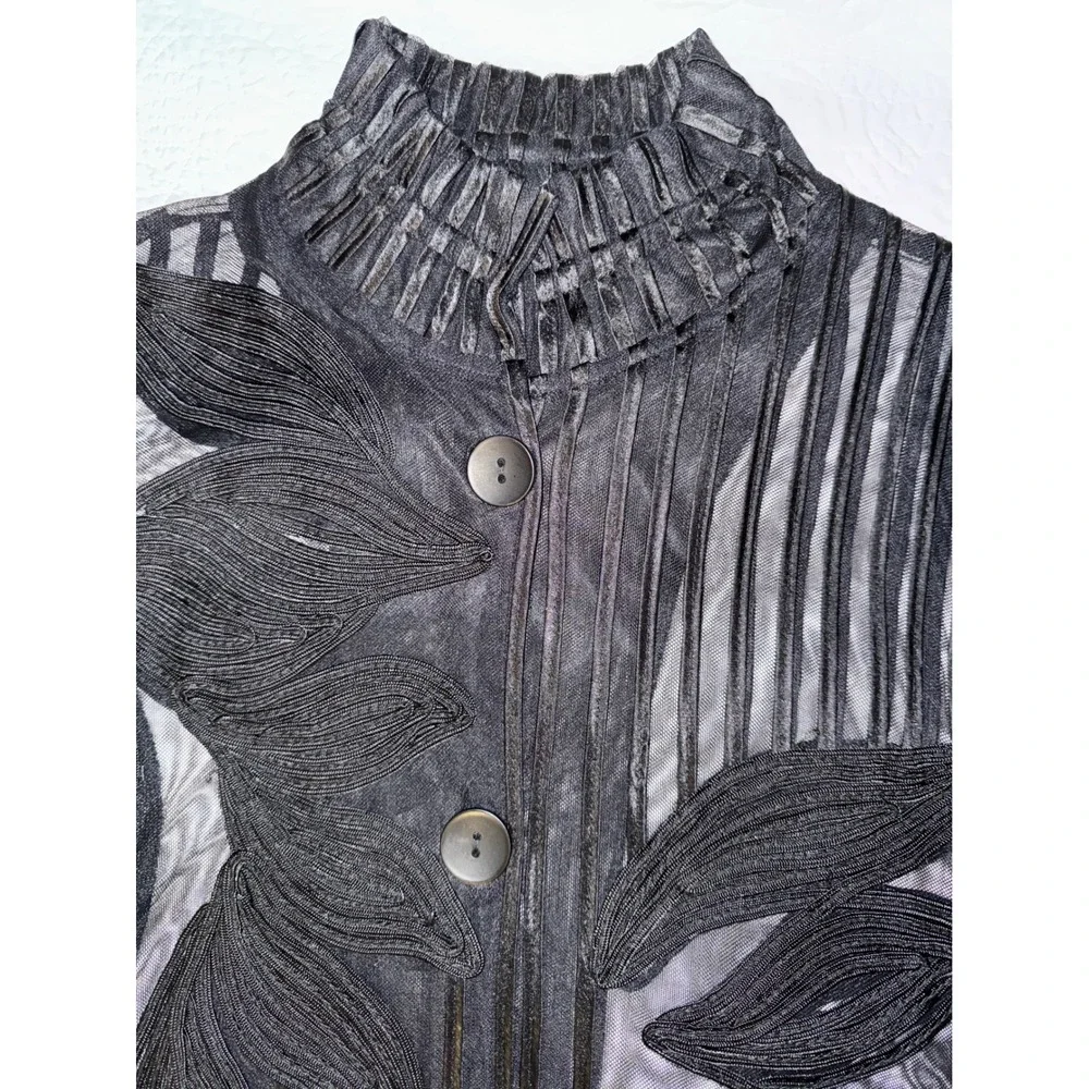 DAMEE Two Tone Soutache Women's Black Sheer Lace Leaf Button Front Jacket Size L
